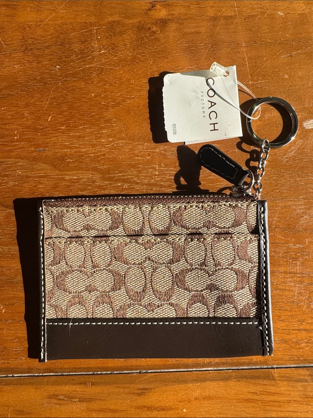 Coach Brown Signature Card Case with Key Ring